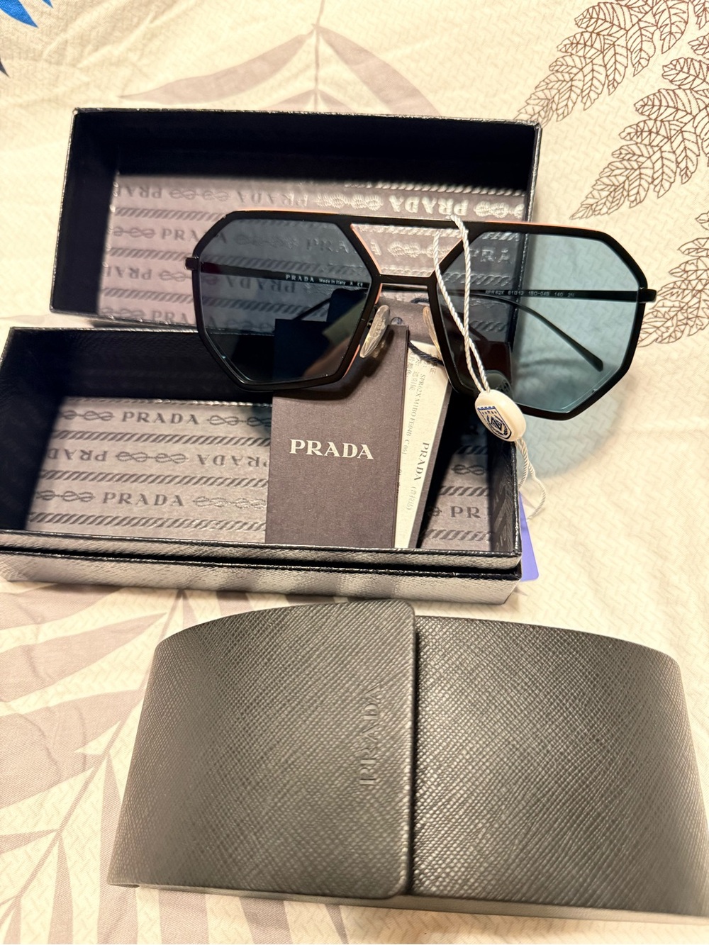 Prada Black Metal Geometric Sunglasses with Blue Lenses